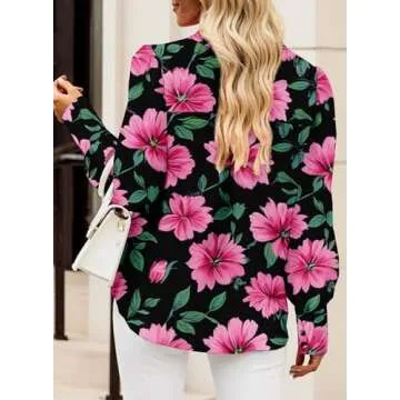 EVALESS Women's Fashion 2023 Long Sleeve Shirt - Cute Print, Black Button Down, V Neck, Dressy Casual Boho, Small