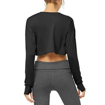 Bestisun Cropped Long Sleeve Tops for Women Crop Sweatshirts Workout Shirts with Thumb Hole Black L
