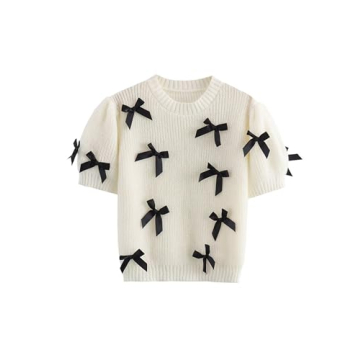 Vimida Women's Sweaters Knitted O-Neck Puff Short Sleeve Pullover Tops Casual Bow Knitwear T Shirts ...