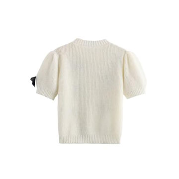 Vimida Women's Sweaters Knitted O-Neck Puff Short Sleeve Pullover Tops Casual Bow Knitwear T Shirts Blouses(White-M)