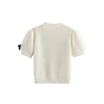 Vimida Women's Sweaters Knitted O-Neck Puff Short Sleeve Pullover Tops Casual Bow Knitwear T Shirts Blouses(White-M)