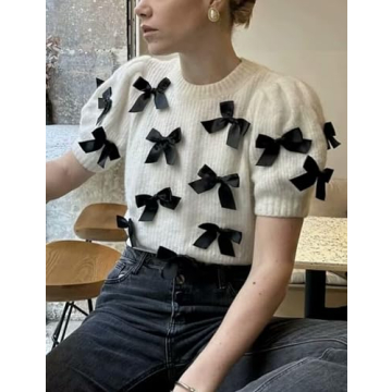 Vimida Women's Sweaters Knitted O-Neck Puff Short Sleeve Pullover Tops Casual Bow Knitwear T Shirts Blouses(White-M)