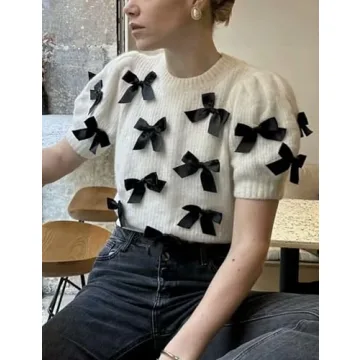 Vimida Women's Sweaters Knitted O-Neck Puff Short Sleeve Pullover Tops Casual Bow Knitwear T Shirts Blouses(White-M)