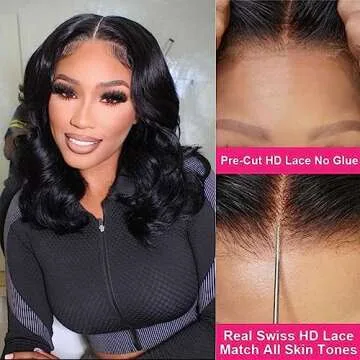 Ahaisy Glueless Bob Wig Human Hair Pre Plucked Pre Cut Wear and Go Body Wave Short Bob Lace Front Wigs for Black Women Upgraded No Glue 4x4 Lace Closure (12 Inch)