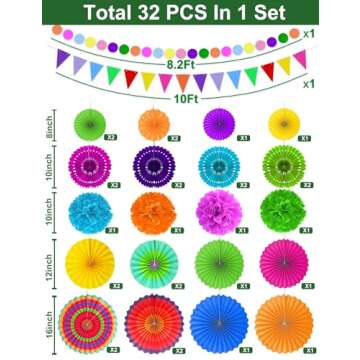 TURNMEON 30 Pcs Fiesta Mexican Party Decorations Set, 26 Colorful Hanging Paper Fans 4 Cinco De Mayo...