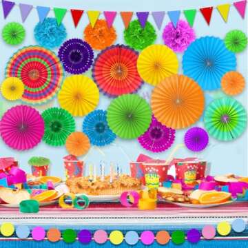 TURNMEON 30 Pcs Fiesta Mexican Party Decorations Set, 26 Colorful Hanging Paper Fans 4 Cinco De Mayo Pom Poms for Taco Tuesday Fiesta Party Supplies Decorations Luau Photo Props Carnival Birthday