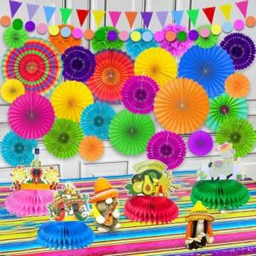 TURNMEON 30 Pcs Fiesta Mexican Party Decorations Set, 26 Colorful Hanging Paper Fans 4 Cinco De Mayo Pom Poms for Taco Tuesday Fiesta Party Supplies Decorations Luau Photo Props Carnival Birthday