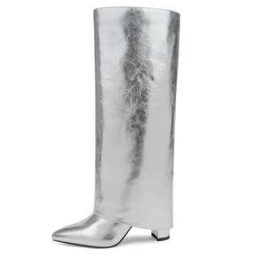 Modatope Womens Silver Boots Silver Fold Over Knee High Boots Chunky Heel Pointed Toe Boots Dress Tall Block Boots Silver Long Boots Size 10