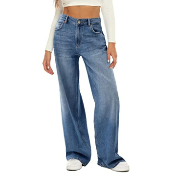 HDLTE Women Wide Leg Jeans High Waist Baggy Light Blue Denim Pants Y2K