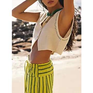 Women Y2k Knitted Tie Front Vest Casual Relax Fit Crochet Sleeveless V Neck Button Down Tank Top Vin...