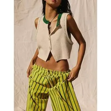 Women Y2k Knitted Tie Front Vest Casual Relax Fit Crochet Sleeveless V Neck Button Down Tank Top Vintage Going Out Top K White