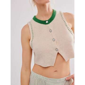 Women Y2k Knitted Tie Front Vest Casual Relax Fit Crochet Sleeveless V Neck Button Down Tank Top Vintage Going Out Top K White