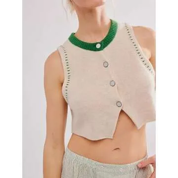 Women Y2k Knitted Tie Front Vest Casual Relax Fit Crochet Sleeveless V Neck Button Down Tank Top Vintage Going Out Top K White