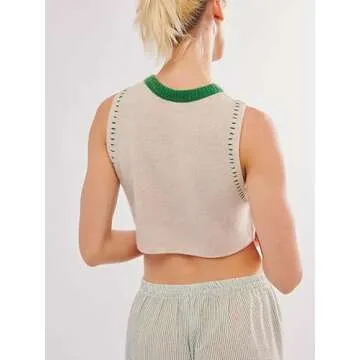 Women Y2k Knitted Tie Front Vest Casual Relax Fit Crochet Sleeveless V Neck Button Down Tank Top Vintage Going Out Top K White