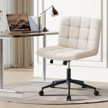 Furnimart Swivel Criss Cross Legged Chair with Wheels for Home Office, Wide Armless Desk Chair Height Adjustable Comfy Seat for Desk,Vanity, Bedroom, Beige
