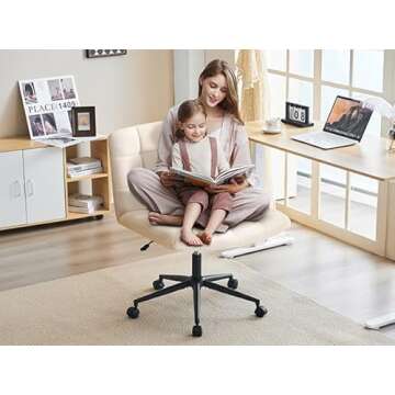 Furnimart Swivel Criss Cross Legged Chair with Wheels for Home Office, Wide Armless Desk Chair Height Adjustable Comfy Seat for Desk,Vanity, Bedroom, Beige