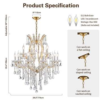 TMAFON Modern Gold Chandelier Light Fixture - Large Maria Theresa Crystal Chandeliers for Dining Roo...