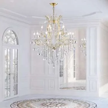 TMAFON Modern Gold Chandelier Light Fixture - Large Maria Theresa Crystal Chandeliers for Dining Room, Kitchen Island, Living Room, Bedroom, 15 Lights, 2 Layers