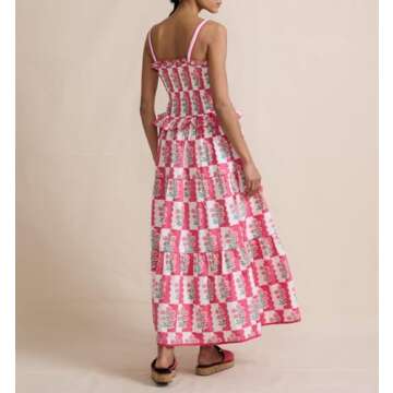 Women Summer Boho Tie Shoulder Dress Y2k Floral Smocked Flowy Long Dress Ruffle Tiered Beach Vocatio...