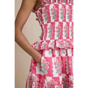 Women Summer Boho Tie Shoulder Dress Y2k Floral Smocked Flowy Long Dress Ruffle Tiered Beach Vocation Sundress(Smocked Pink,Medium)