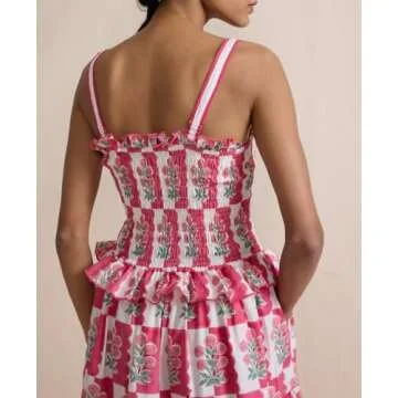 Women Summer Boho Tie Shoulder Dress Y2k Floral Smocked Flowy Long Dress Ruffle Tiered Beach Vocation Sundress(Smocked Pink,Medium)