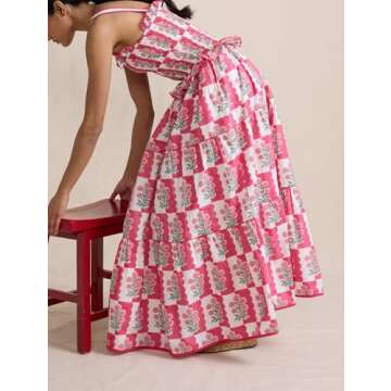 Women Summer Boho Tie Shoulder Dress Y2k Floral Smocked Flowy Long Dress Ruffle Tiered Beach Vocation Sundress(Smocked Pink,Medium)