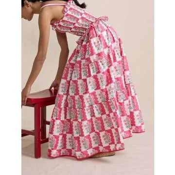 Women Summer Boho Tie Shoulder Dress Y2k Floral Smocked Flowy Long Dress Ruffle Tiered Beach Vocation Sundress(Smocked Pink,Medium)