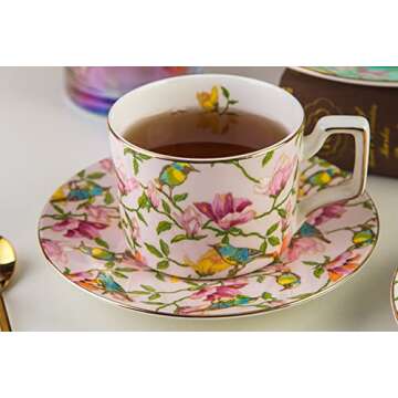 8 Ounces Teacup and Saucers Set Vintage Floral Tea Cups Set Bone China TeaCups Coffee Tea Cup for Tea Party Women Mom