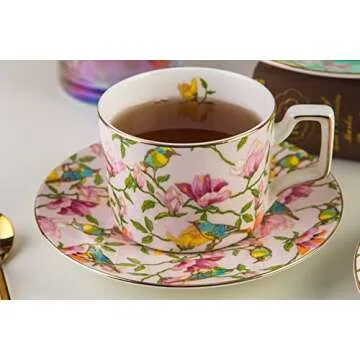8 Ounces Teacup and Saucers Set Vintage Floral Tea Cups Set Bone China TeaCups Coffee Tea Cup for Tea Party Women Mom