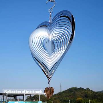 DJUAN Stainless Steel Reflective Heart Wind Spinner - Mesmerizing Outdoor Garden Decor and Bird Dete...