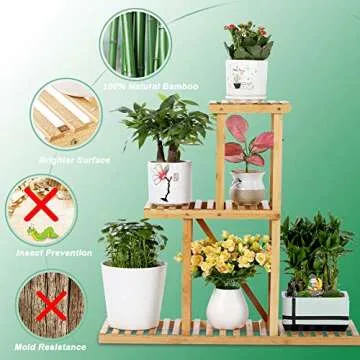 Bamboo Plant Stand Rack 3 Tier Indoor&Outdoor Multiple Flower Pot Holder Shelf Planter Display Shelving Unit for Patio Garden, Living Room, Corner Balcony and Bedroom (6 Flowerpots)