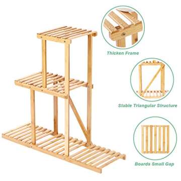 Bamboo Plant Stand Rack 3 Tier Indoor&Outdoor Multiple Flower Pot Holder Shelf Planter Display Shelving Unit for Patio Garden, Living Room, Corner Balcony and Bedroom (6 Flowerpots)