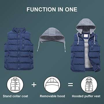 CREATMO US Womens Quilted Hooded Vest Outerwear Stand Collar Gilet For Spring Fall Winter Navy L