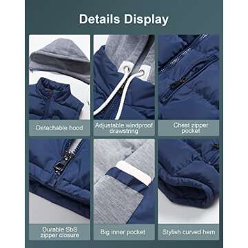 CREATMO US Womens Quilted Hooded Vest Outerwear Stand Collar Gilet For Spring Fall Winter Navy L