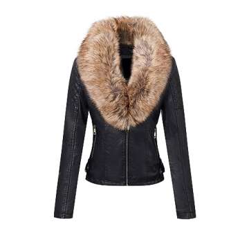 Bellivera Women's Faux Leather Short Jacket Moto Sherpa-Lined Coat with Removable Fur Collar 9201 Bl...