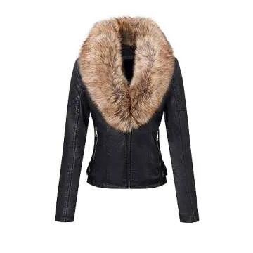 Bellivera Women's Faux Leather Short Jacket Moto Sherpa-Lined Coat with Removable Fur Collar 9201 Bl...