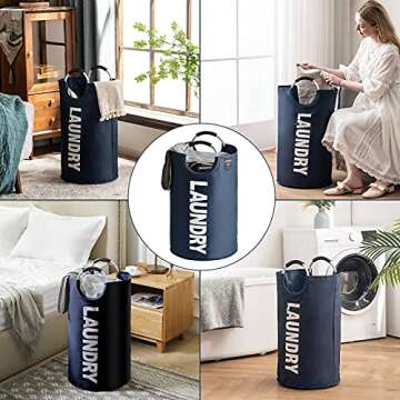 YOUDENOVA 100L Large Laundry Hampers with Handles, Collapsible Tall Clothes Baskets, Washing Bag for Bathroom, Bedrooms, College Dorm (Navy)