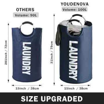 YOUDENOVA 100L Large Laundry Hampers with Handles, Collapsible Tall Clothes Baskets, Washing Bag for Bathroom, Bedrooms, College Dorm (Navy)