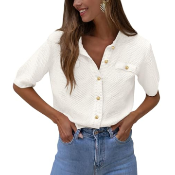PRETTYGARDEN Women's Summer Button Down Shirts Casual Short Sleeve Crew Neck Ribbed Knit Blouse Top Cardigans (White,Small)