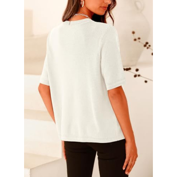 PRETTYGARDEN Women's Summer Button Down Shirts Casual Short Sleeve Crew Neck Ribbed Knit Blouse Top Cardigans (White,Small)