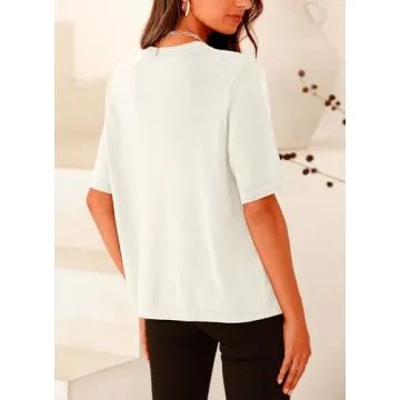 PRETTYGARDEN Women's Summer Button Down Shirts Casual Short Sleeve Crew Neck Ribbed Knit Blouse Top Cardigans (White,Small)