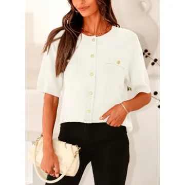 PRETTYGARDEN Women's Summer Button Down Shirts Casual Short Sleeve Crew Neck Ribbed Knit Blouse Top Cardigans (White,Small)