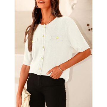PRETTYGARDEN Women's Summer Button Down Shirts Casual Short Sleeve Crew Neck Ribbed Knit Blouse Top Cardigans (White,Small)