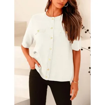 PRETTYGARDEN Women's Summer Button Down Shirts Casual Short Sleeve Crew Neck Ribbed Knit Blouse Top Cardigans (White,Small)