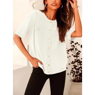 PRETTYGARDEN Women's Summer Button Down Shirts Casual Short Sleeve Crew Neck Ribbed Knit Blouse Top Cardigans (White,Small)