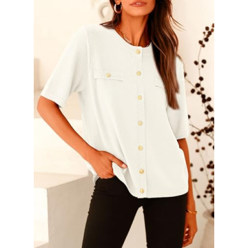 PRETTYGARDEN Women's Summer Button Down Shirts Casual Short Sleeve Crew Neck Ribbed Knit Blouse Top Cardigans (White,Small)