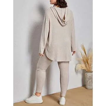 MakeMeChic Women's Plus Size Pajama Set Lounge Set Long Sleeve Hooded Tops Leggings Workout Sets Tracksuit Plus Beige 4XL