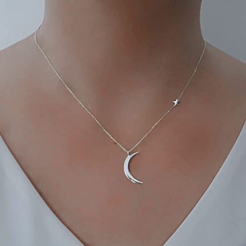 Silver Moon and Star Pendant Necklace for Women