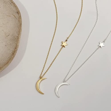 Silver Moon and Star Pendant Necklace for Women