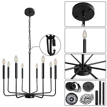ALISADABOY Black Chandeliers for Dining Room 26.1'' Farmhouse 8 Light Rustic Industrial Candle Hanging Light Fixture for Living Room Kitchen Island Entryway Foyer Pendant Lighting